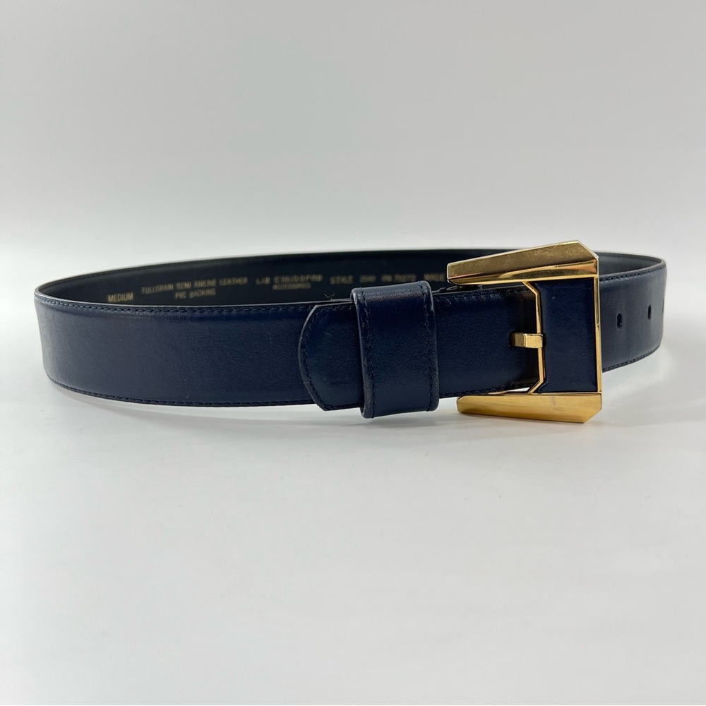 Liz Claiborne Navy Leather Belt with Gold Buckle